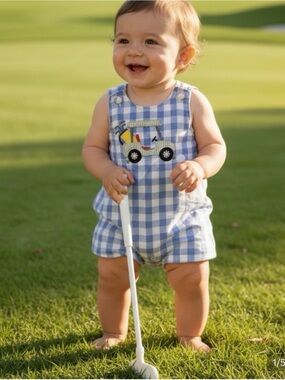 Mud Pie Blue & White Gingham Golf Cart Appliqué Romper-12-18 months